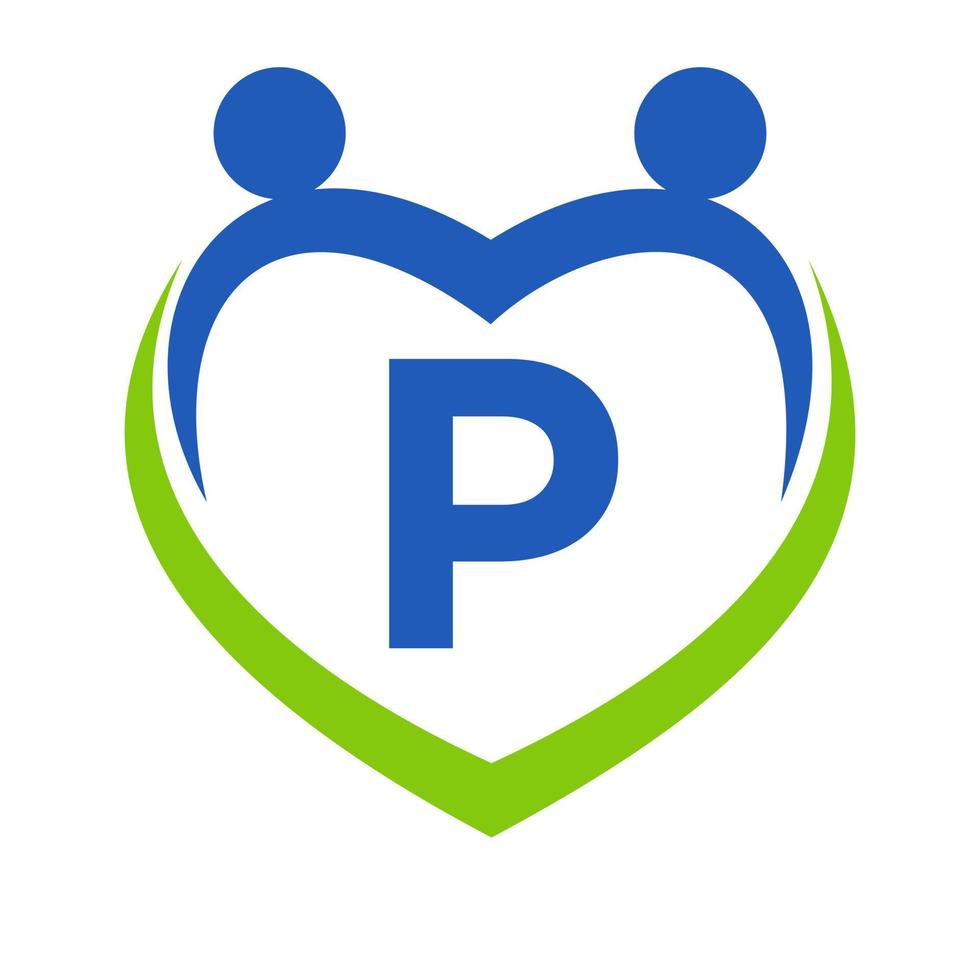 Gezondheid zorg teken Aan brief p sjabloon. eenheid en samenspel logo ontwerp. liefdadigheid en bijdrage fundament logotype vector