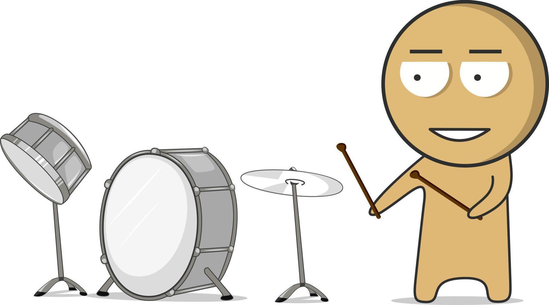 een jongen met drumstokken staat De volgende naar de drums en glimlacht vector