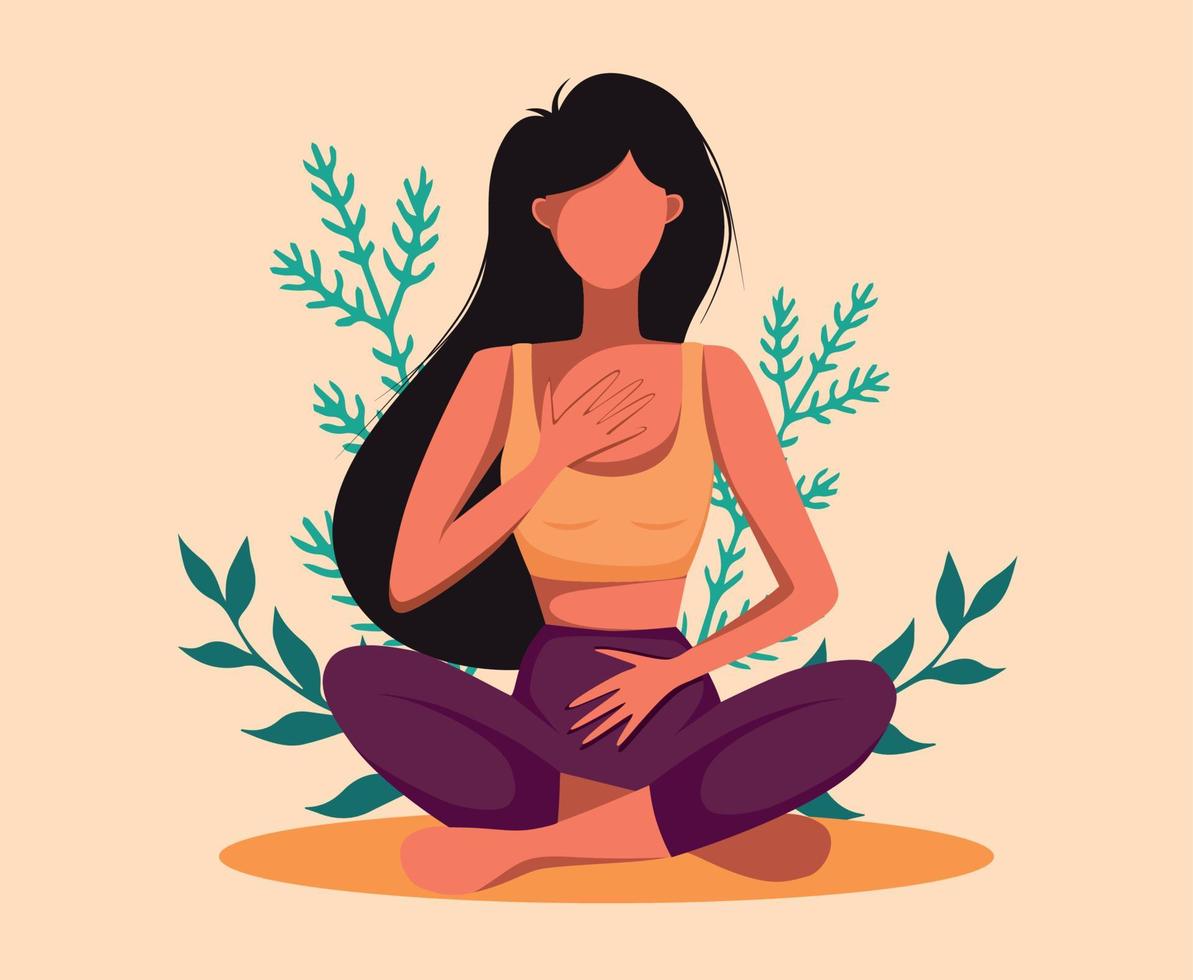 vector illustratie yoga gebruind meisje is verloofd in yoga en meditatie tussen planten en natuur, zittend in een houding illustratie van Nee gezicht