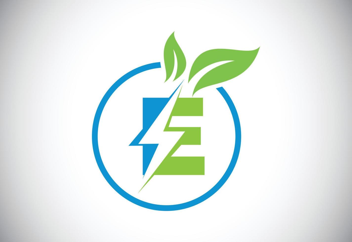 eerste e brief blikseminslag blad cirkel of eco energie spaarder icoon. blad en blikseminslag icoon concept voor natuur macht elektrisch logo vector