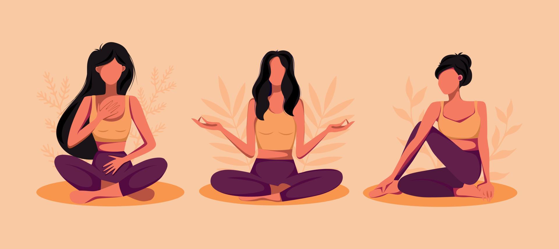 vector illustratie oranje gebruind Purper palet yoga meisjes reeks is verloofd in yoga en meditatie in Nee gezicht illustratie