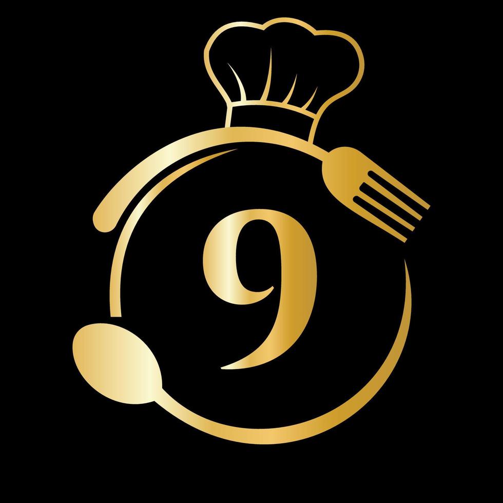 restaurant logo Aan brief 9 concept. chef hoed, lepel en vork voor restaurant logo vector