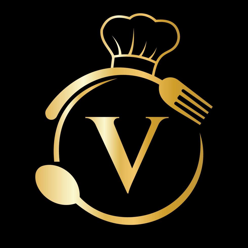 restaurant logo Aan brief v concept. chef hoed, lepel en vork voor restaurant logo vector