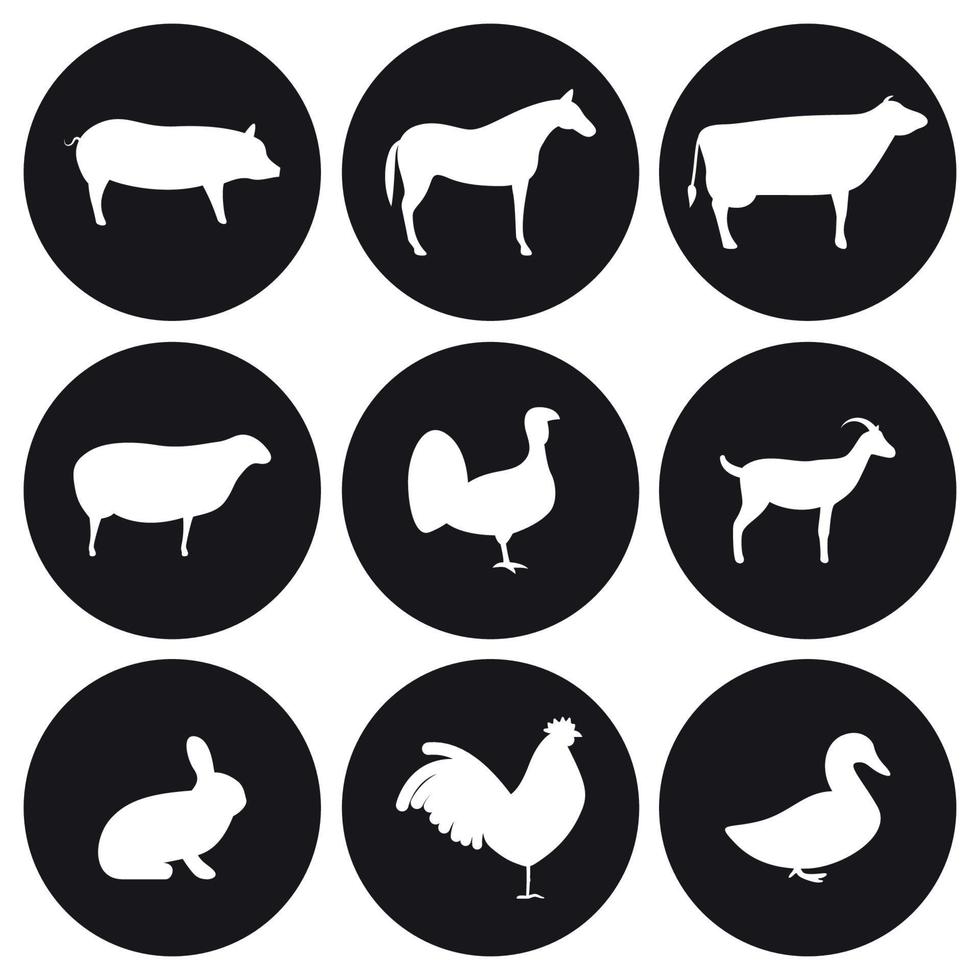 boerderij dieren pictogrammen set. wit Aan een zwart achtergrond vector