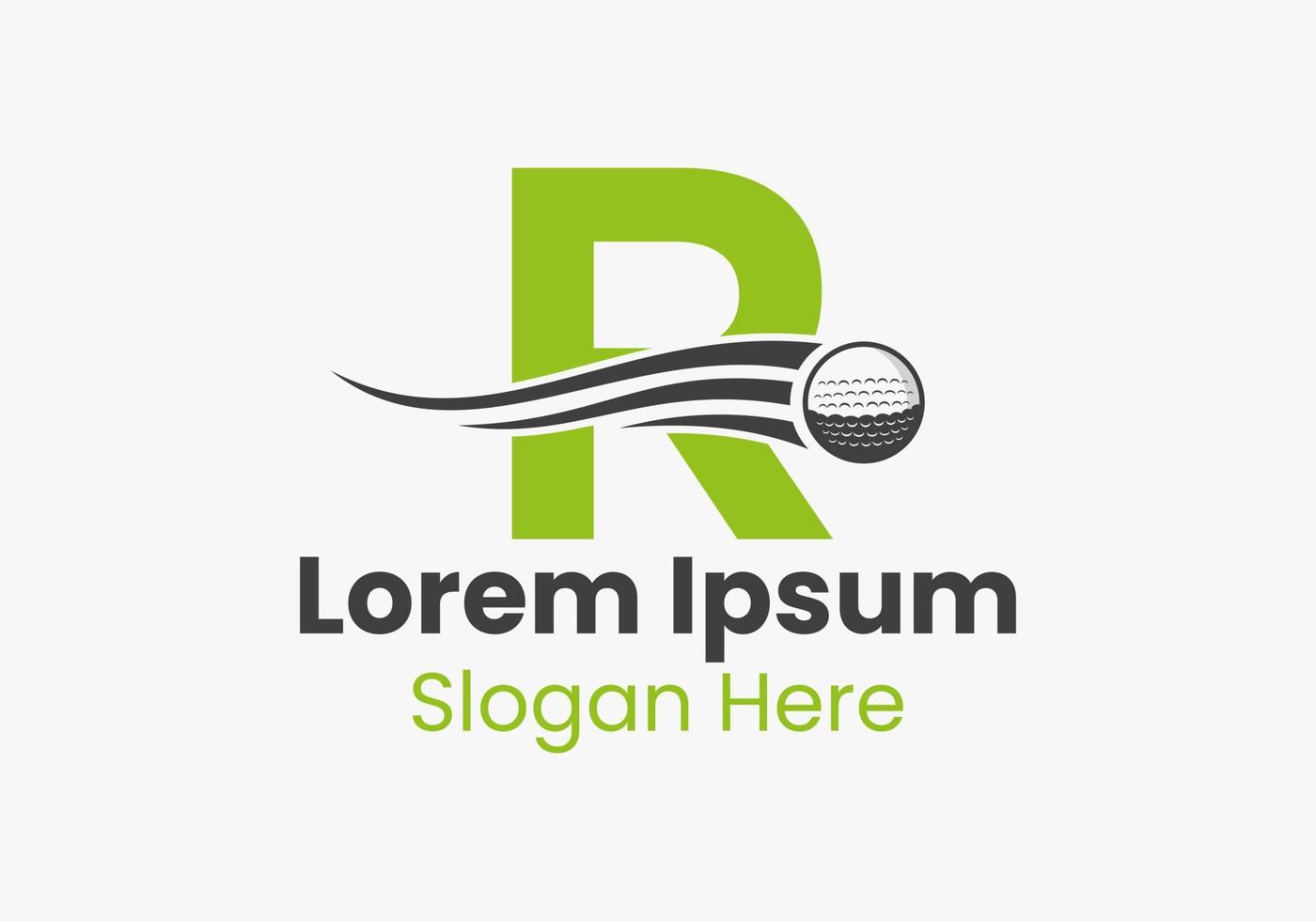 brief r golf logo concept met in beweging golf bal icoon. hockey sport- logotype sjabloon vector