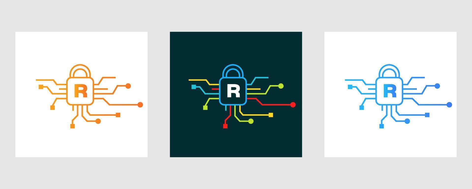 brief r cyber veiligheid logo. internet veiligheid teken, cyber bescherming, technologie, biotechnologie symbool vector