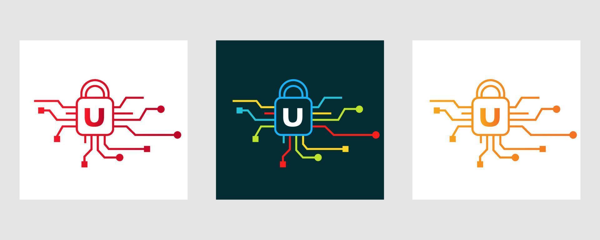 brief u cyber veiligheid logo. internet veiligheid teken, cyber bescherming, technologie, biotechnologie symbool vector