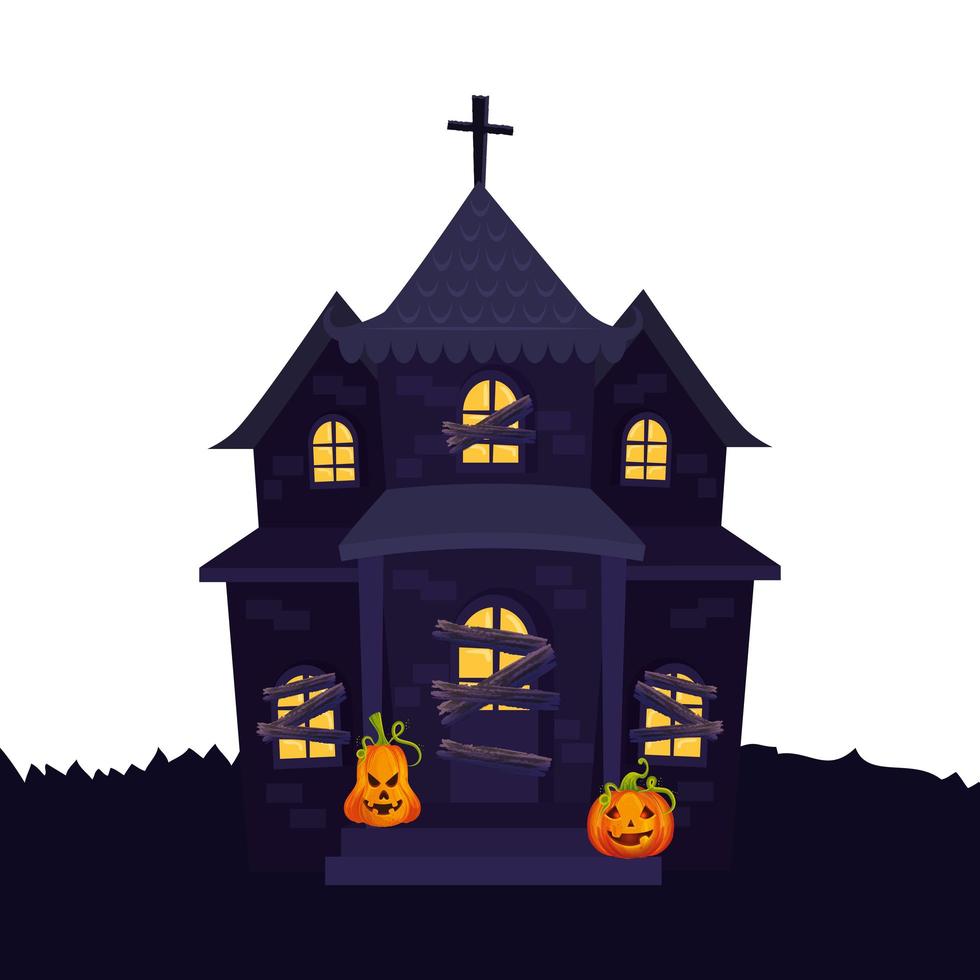 spookhuis halloween met pompoenen vector