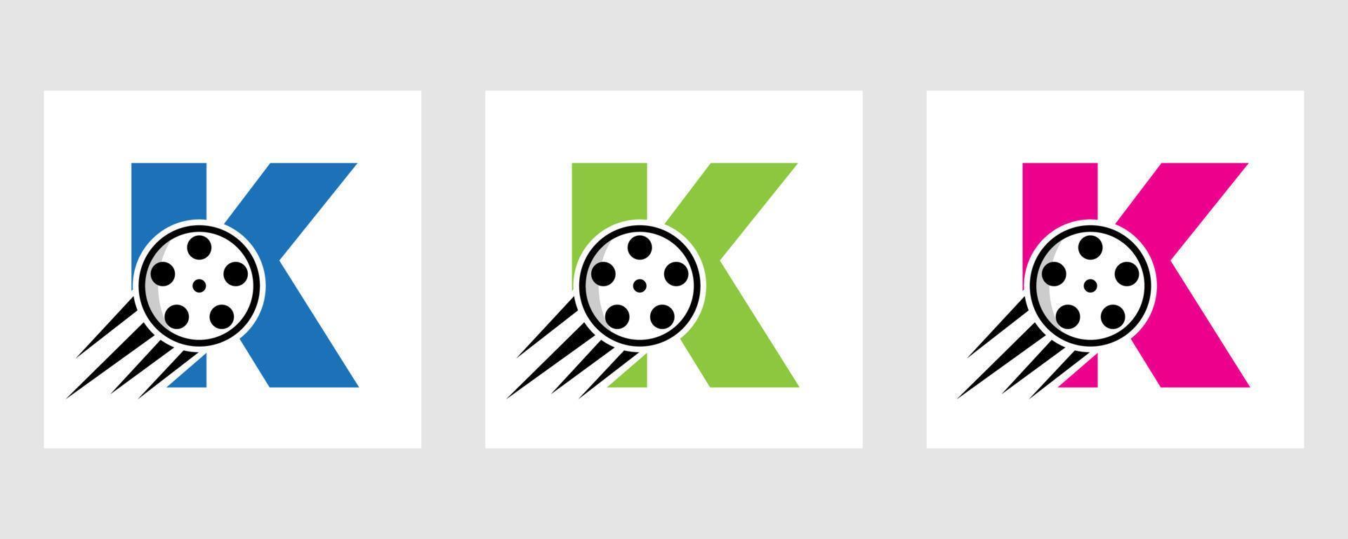 brief k film logo concept met film haspel voor media teken, film regisseur symbool vector