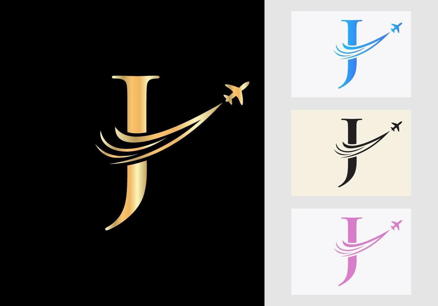 brief j reizen logo concept met vliegend lucht vlak symbool vector