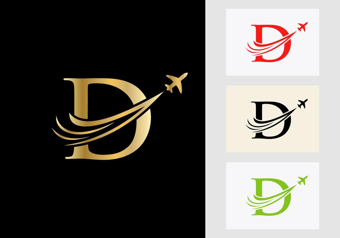 brief d reizen logo concept met vliegend lucht vlak symbool vector