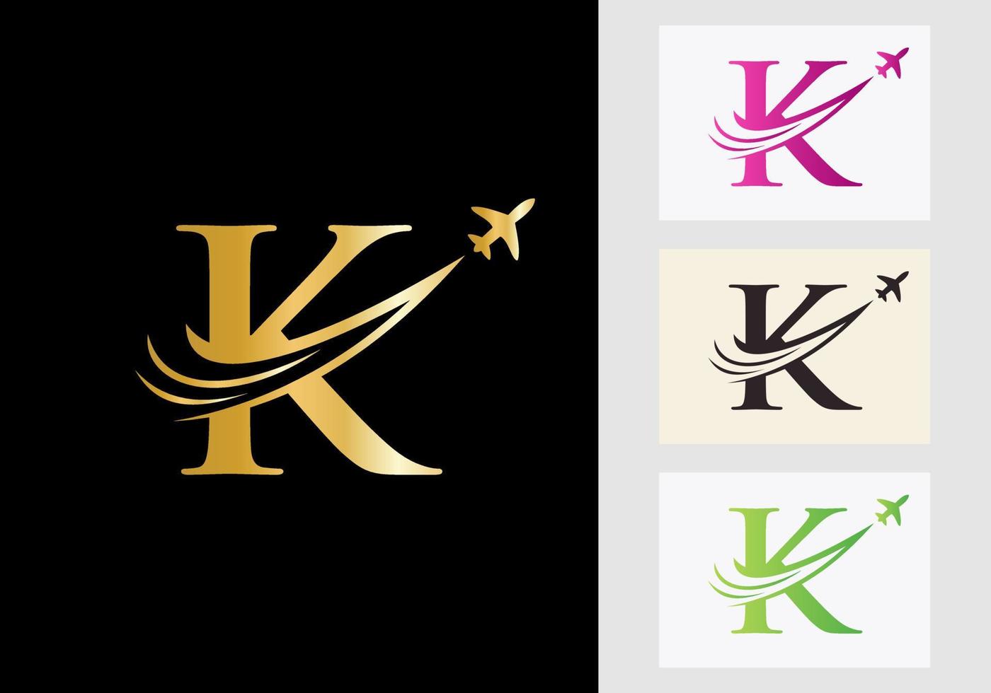 brief k reizen logo concept met vliegend lucht vlak symbool vector