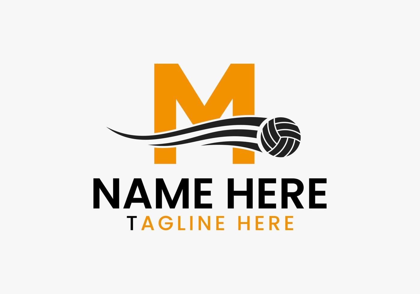 brief m volleybal logo concept met in beweging volley bal icoon. volleybal sport- logotype vector