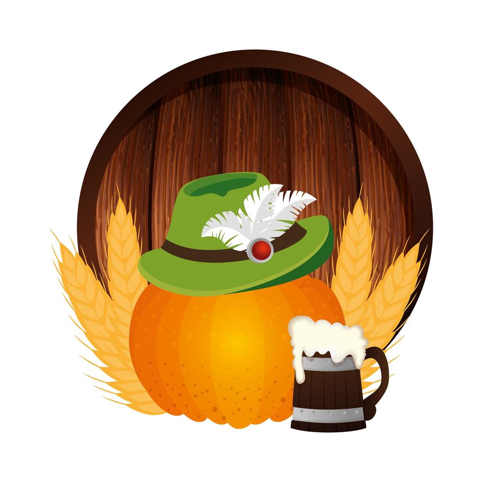 oktoberfest hoed pompoen en bier vector ontwerp