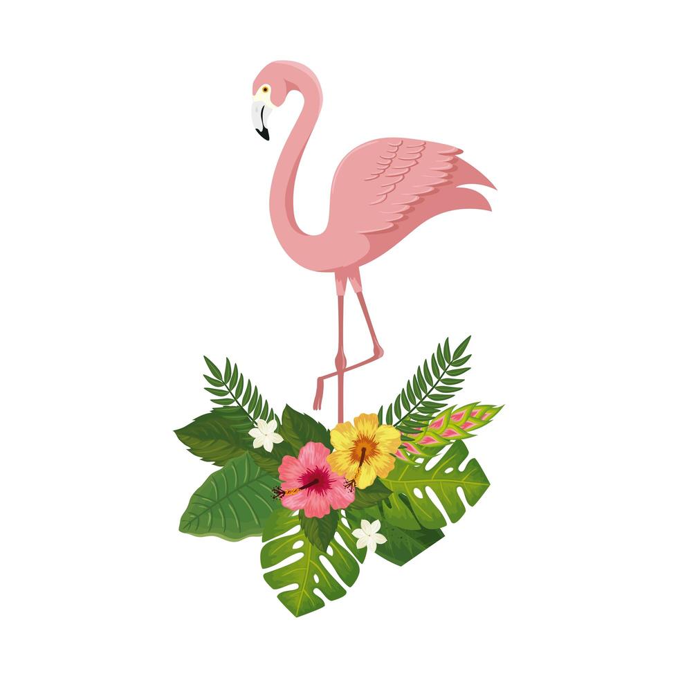 flamingo roze dier met bloemen en bladeren vector