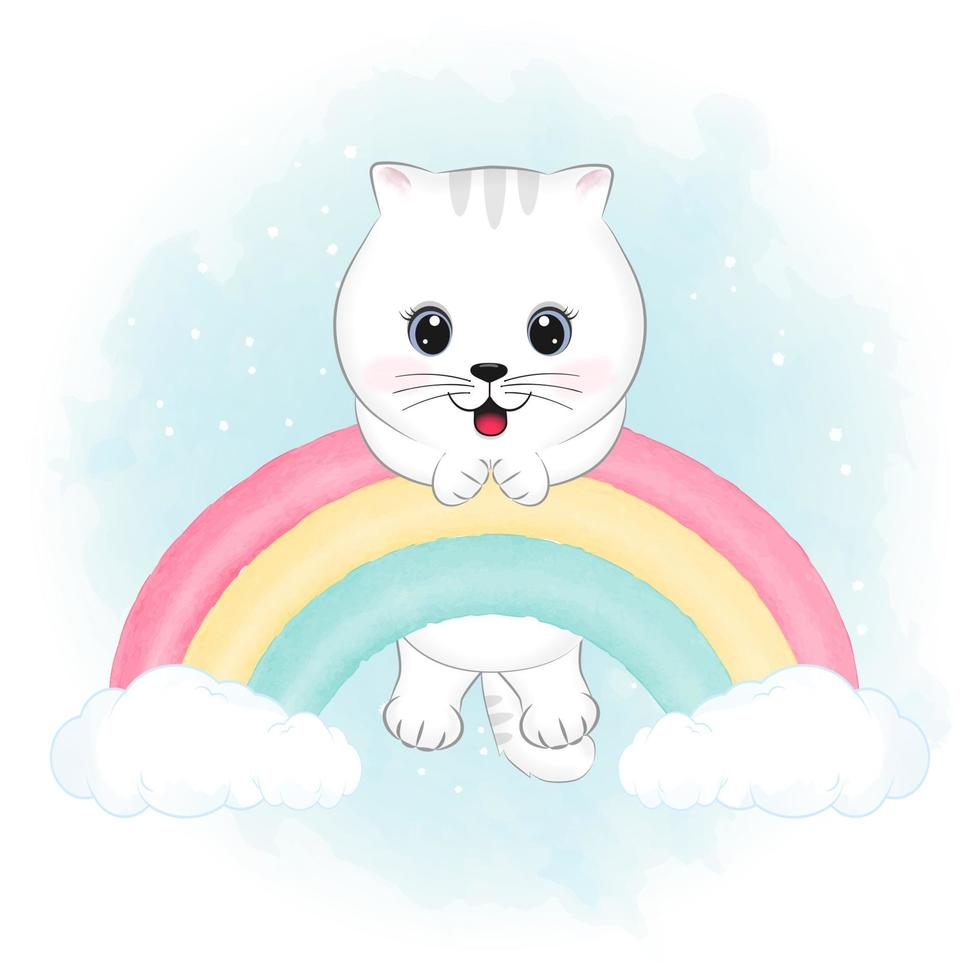 schattig weinig wit kat hangende Aan de regenboog tekenfilm illustratie vector