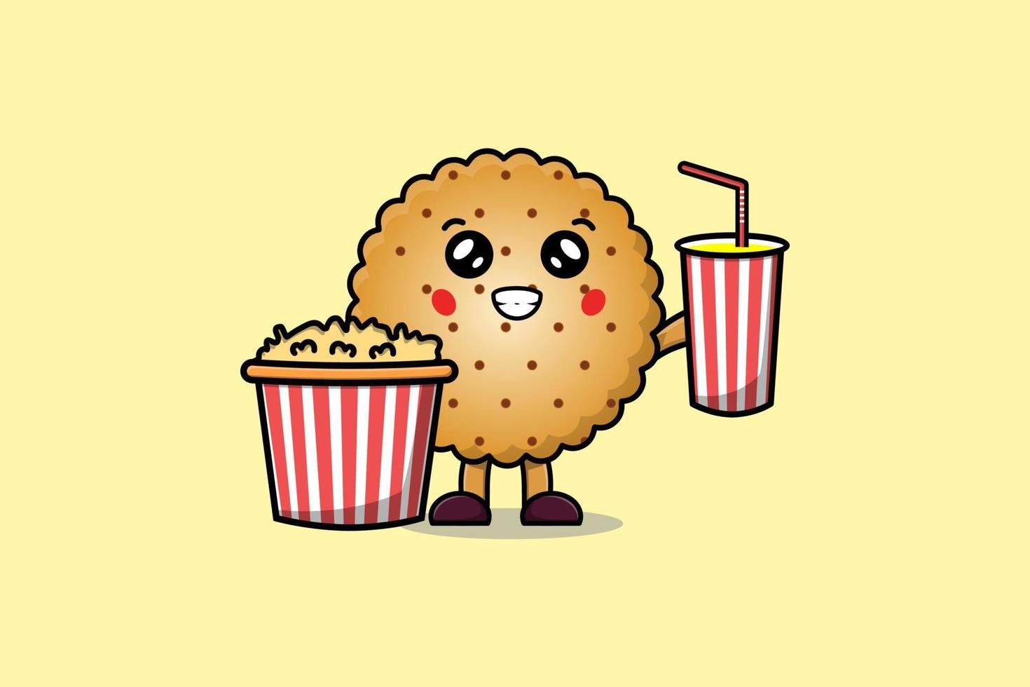 schattig tekenfilm koekjes met popcorn en drinken vector