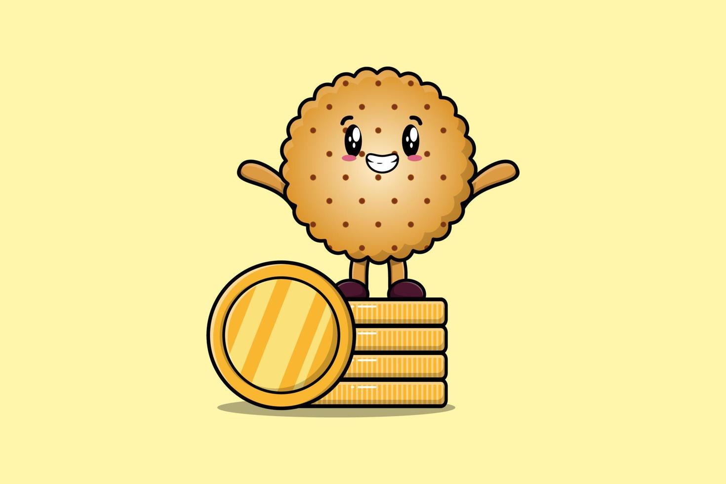 schattig tekenfilm koekjes staand in gestapeld goud munt vector