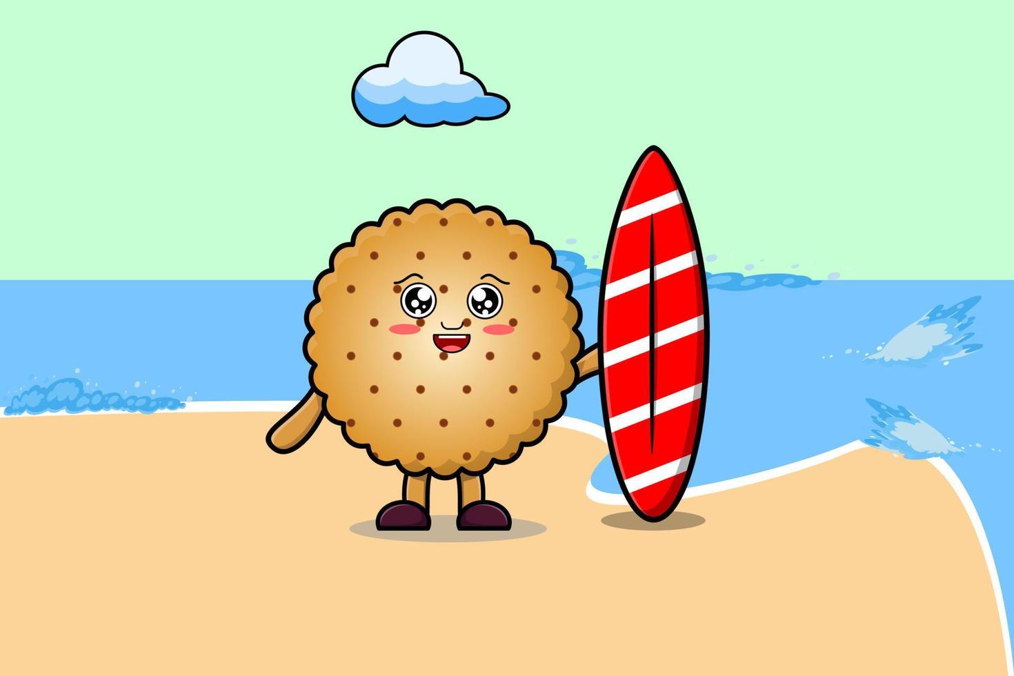 schattig tekenfilm koekjes karakter spelen surfing vector