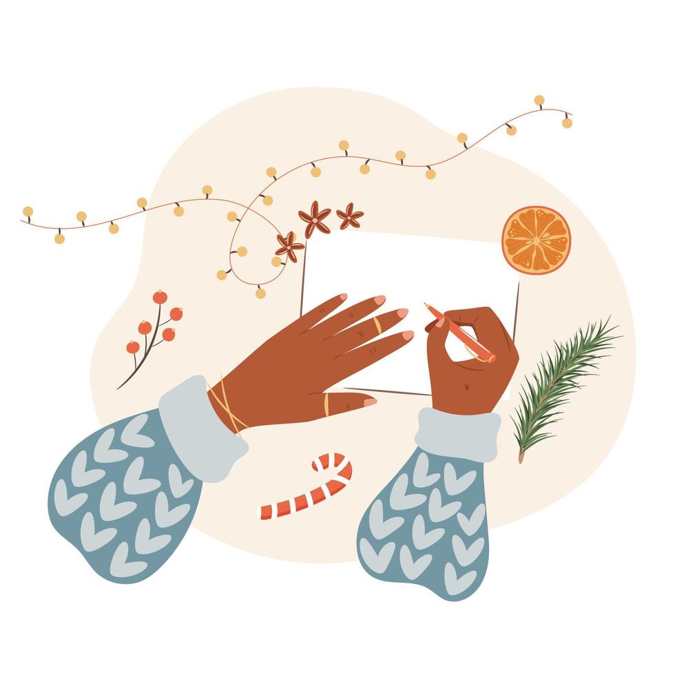 vrouw schrijven een Kerstmis brief of groet kaart. vector illustratie