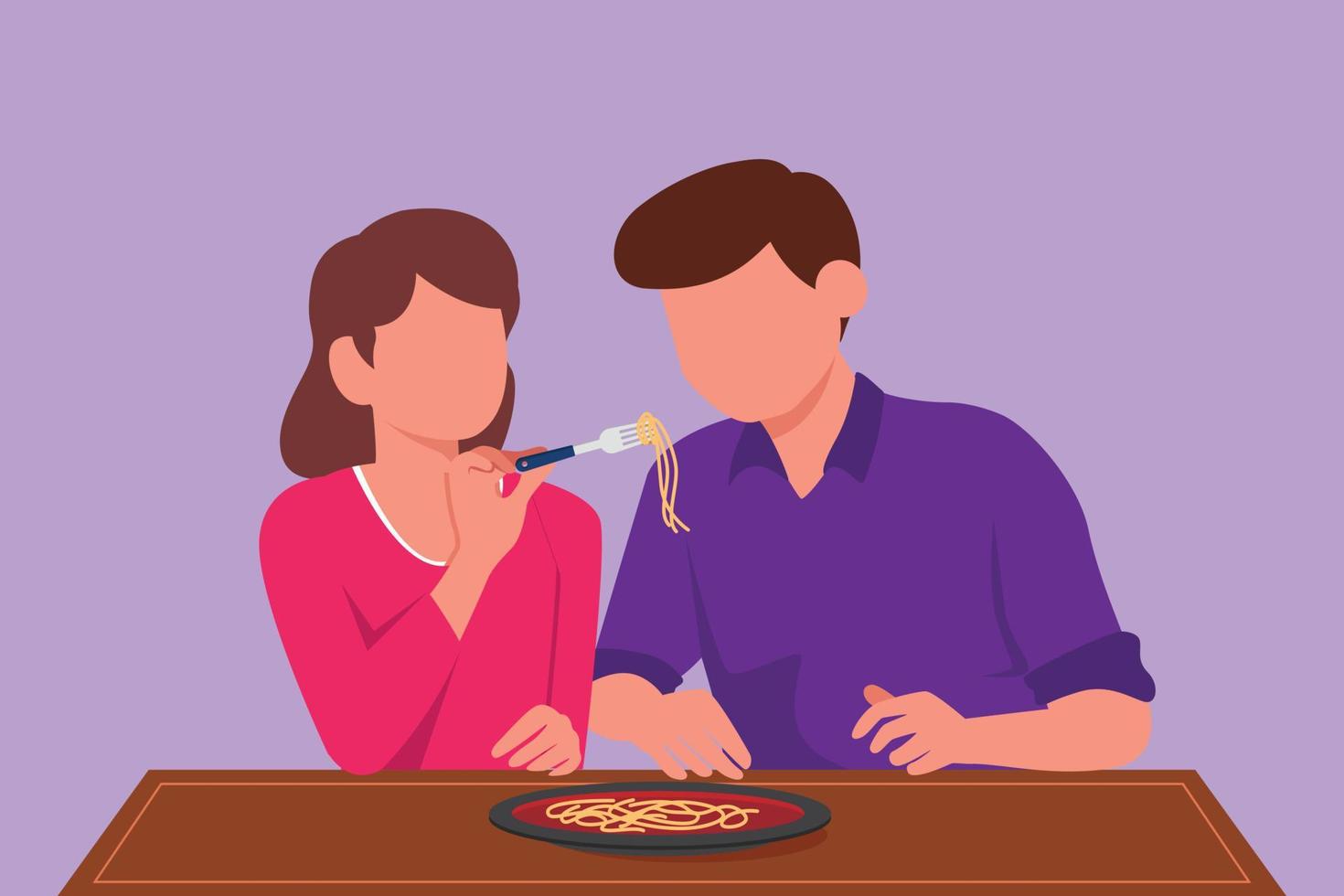 tekenfilm vlak stijl tekening Mens en vrouw aan het eten pasta samen. jong gelukkig paar tekens zittend Bij tafel aan het eten vers Italiaans keuken pasta noedels snel voedsel. grafisch ontwerp vector illustratie