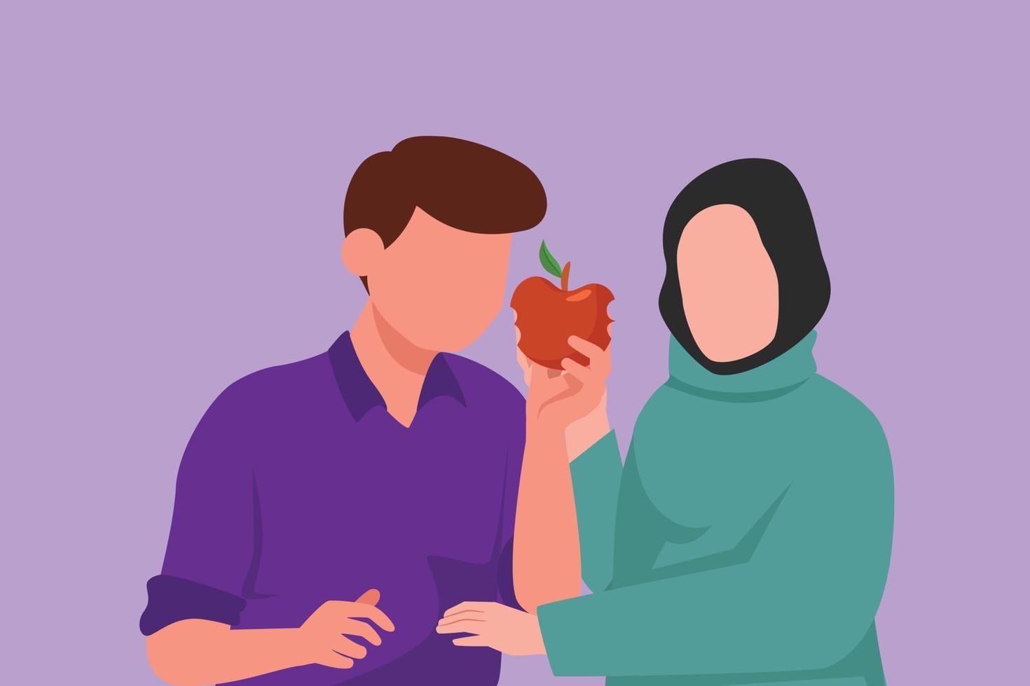 grafisch vlak ontwerp tekening Arabisch paar sharing appel. Mens geven rood fruit van kennis, wijsheid, wederzijds vertrouwen, vriendelijkheid en ondersteuning tussen tieners. het verstrekken van liefde. tekenfilm stijl vector illustratie