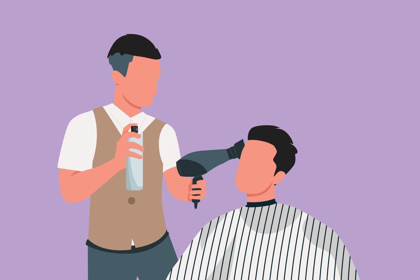 tekenfilm vlak stijl tekening van actief kapper maakt haar- styling met haar- verstuiven na kapsel Bij kapper winkel. jong knap Mens krijgen kapsel in modern haar- salon. grafisch ontwerp vector illustratie