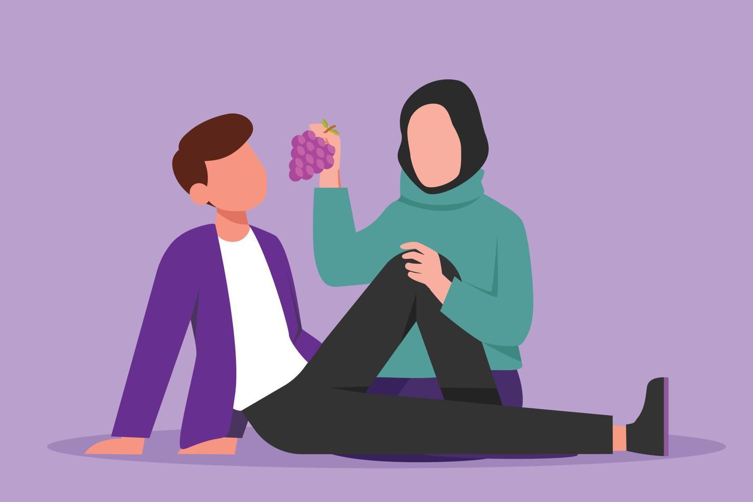 tekenfilm vlak stijl tekening romantisch paar hebben picknick in zomer park. ontspannende samen zittend Aan grond. Arabisch vrouw voeden druiven fruit naar Mens Bij buitenshuis. grafisch ontwerp vector illustratie