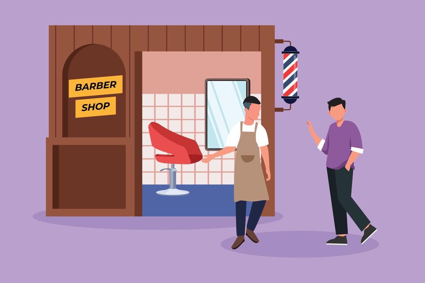 karakter vlak tekening hipster cliënt bezoekende en kapper Welkom klanten naar invoeren kapper winkel. geslaagd professioneel kapper. haar stylist heer concept. tekenfilm ontwerp vector illustratie