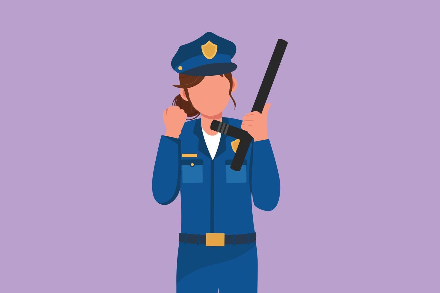 karakter vlak tekening van politievrouw Holding Politie stok met vieren gebaar en in vol uniform klaar naar afdwingen verkeer discipline Aan snelweg. Politie Aan plicht. tekenfilm ontwerp vector illustratie