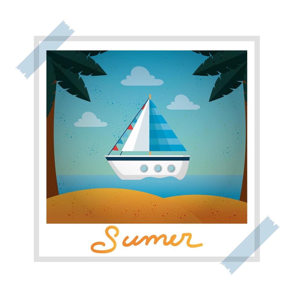 fotomomentopname met zomerstrand en zeilboot vector