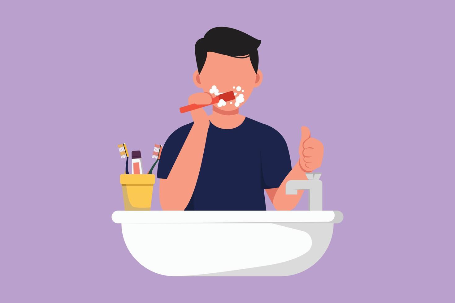tekenfilm vlak stijl tekening Mens poetsen tanden met duimen omhoog gebaar. routine- gewoonten voor netheid, Gezondheid, versheid van mond en tanden. gezond tanden campagne. grafisch ontwerp vector illustratie