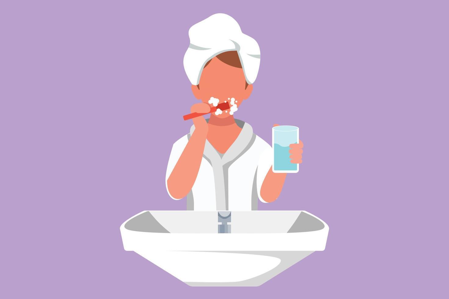 grafisch vlak ontwerp tekening vrouw poetsen tanden in wasbak. routine- gewoonten elke ochtend- voor netheid, Gezondheid, versheid van mond en tanden. gezond tanden campagne. tekenfilm stijl vector illustratie