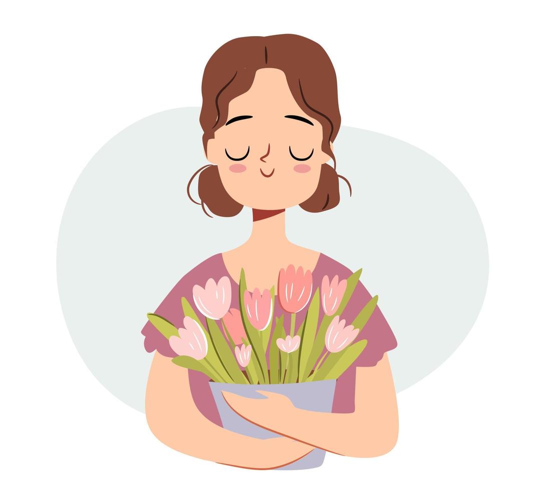 schattig meisje met een bloemen boeket. ingemaakt bloemen geschenk. tulpen in handen. maart 8 karakter geïsoleerd Aan wit achtergrond. vector