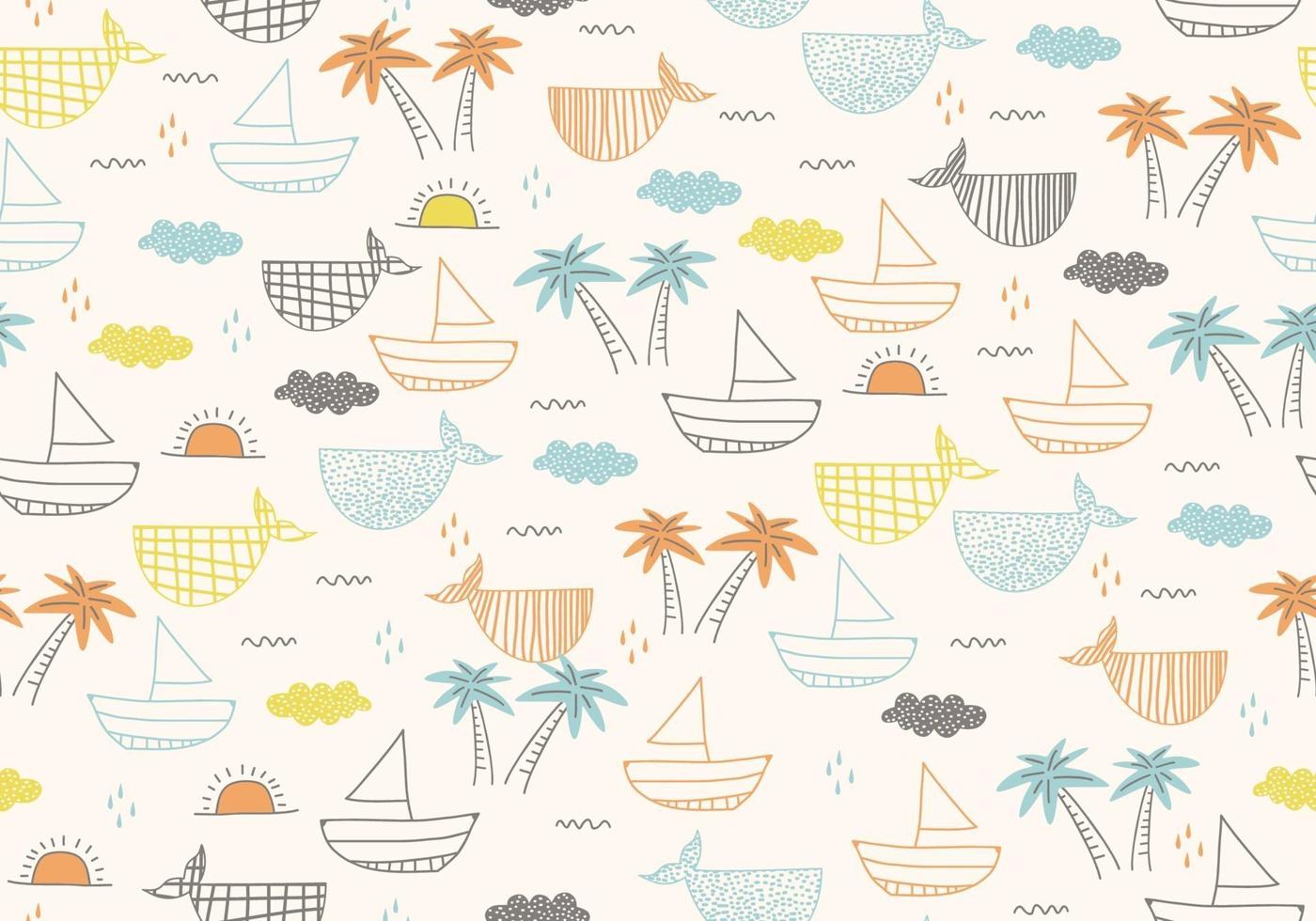naadloze patroon met schepen, vissen, zon, wolken, zee en golven. vector