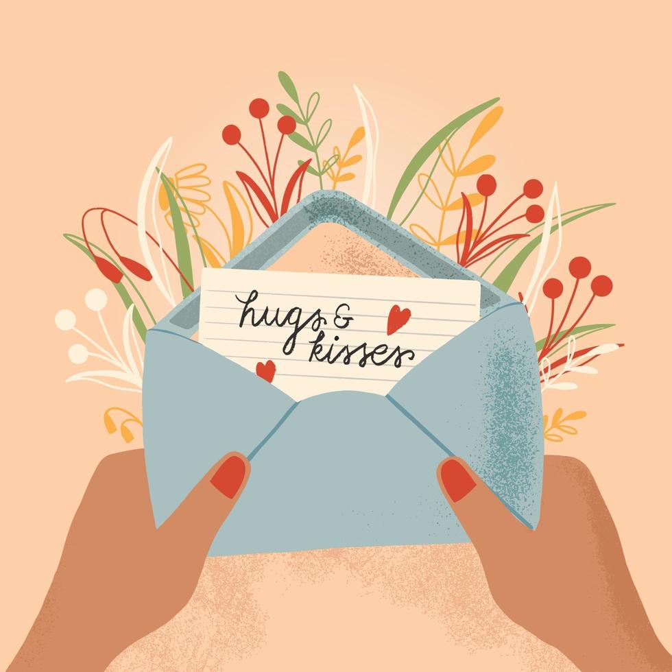 envelop met liefdesbrief en handen. kleurrijke hand getrokken illustratie met hand belettering voor gelukkige Valentijnsdag. wenskaart met bloemen en decoratieve elementen. vector