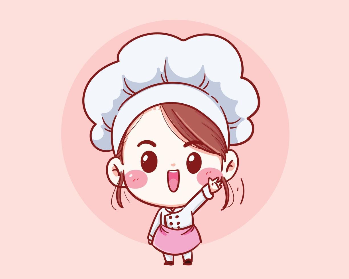 schattige chef-kok meisje lachend cartoon vector kunst illustratie.