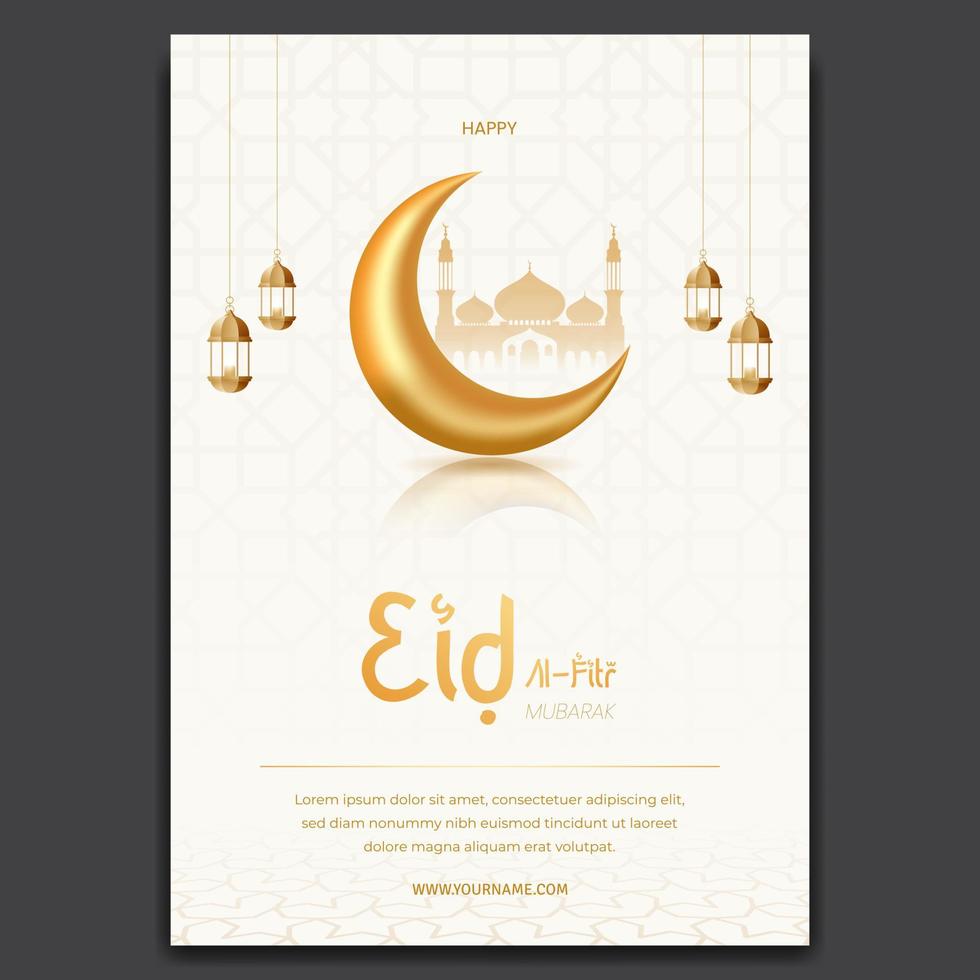 eid al fitr mubarak folder illustratie met maan lantaarn en moskee Aan schoon achtergrond vector