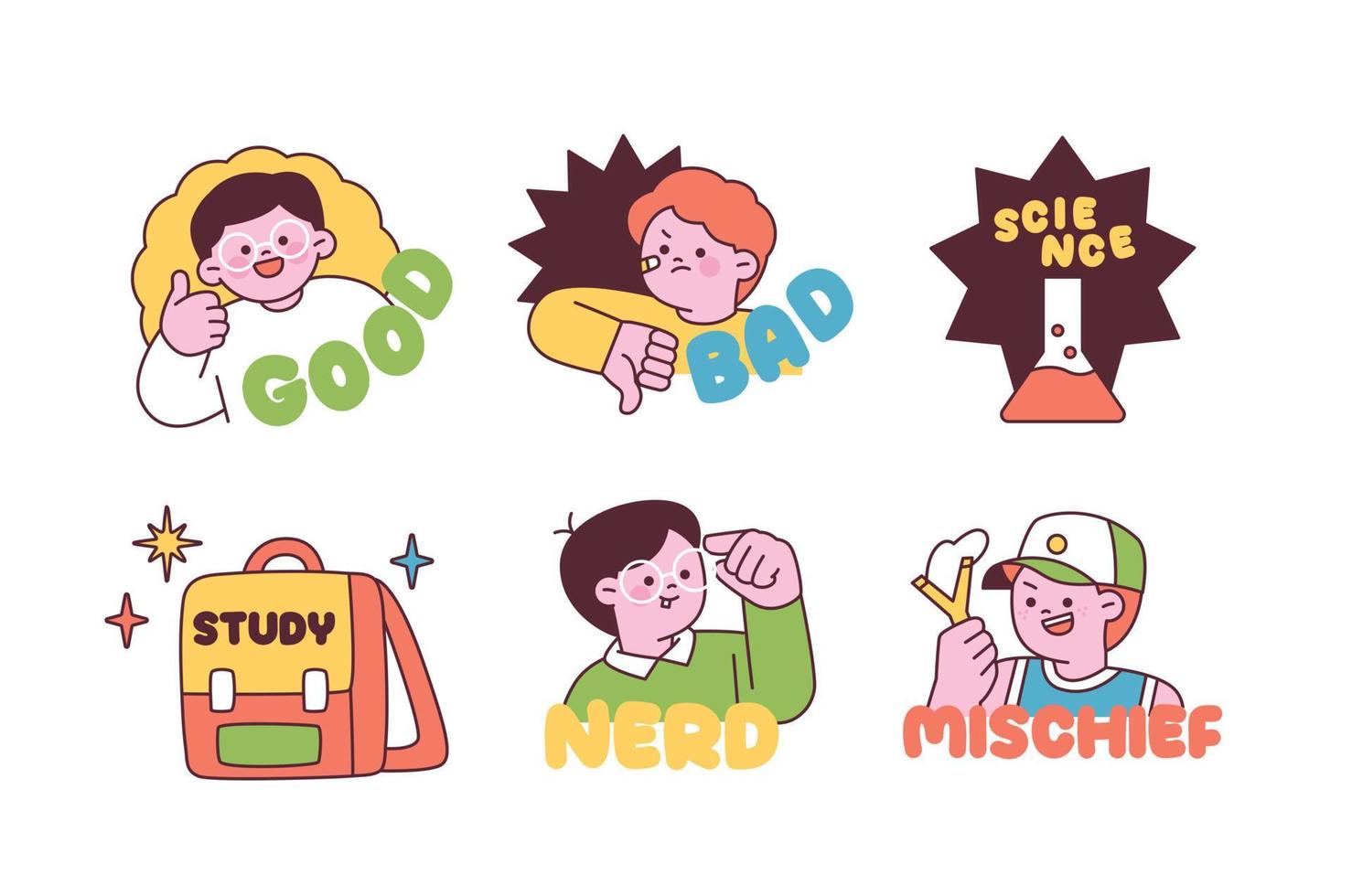 schattig leerling stickers. bericht emoticons voor emoties en lessen. vector