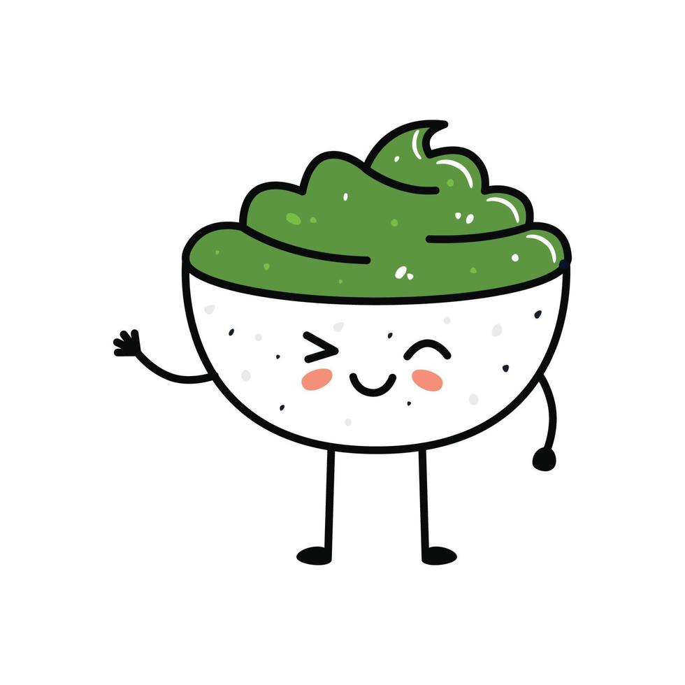 kawaii sushi mascotte in tekenfilm stijl. schattig wasabi kom voor menu vector