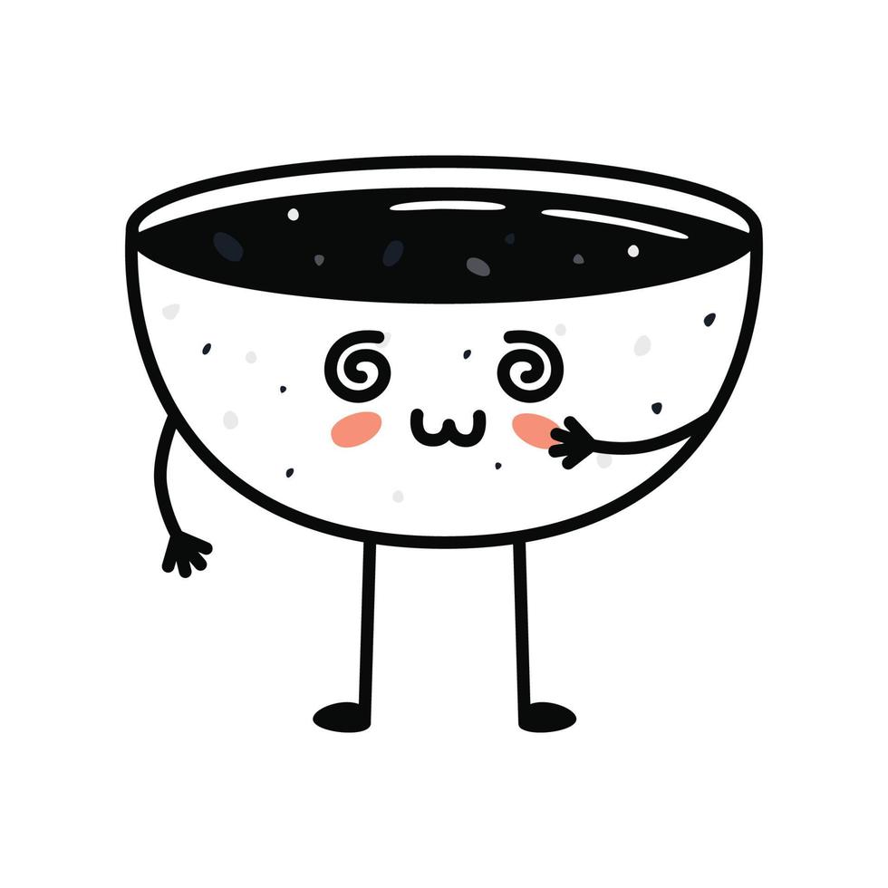 kawaii sushi mascotte in tekenfilm stijl. schattig soja saus kom voor menu vector