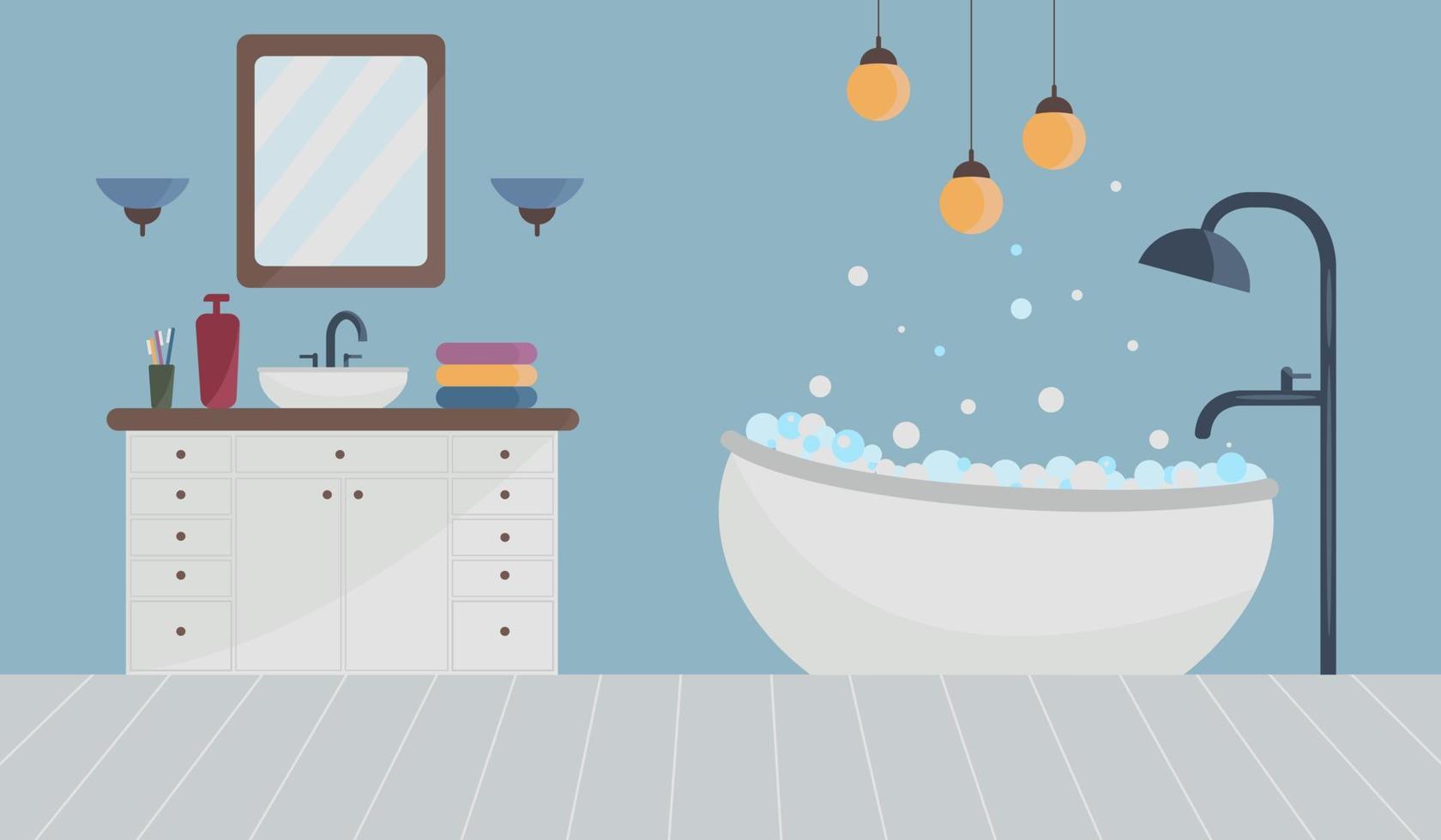 een illustratie van de interieur van een badkamer met een beeld van een gevulde bad met schuim, net zo goed net zo met een douche en een mixer, en lampen hangende van de plafond. vector illustratie.