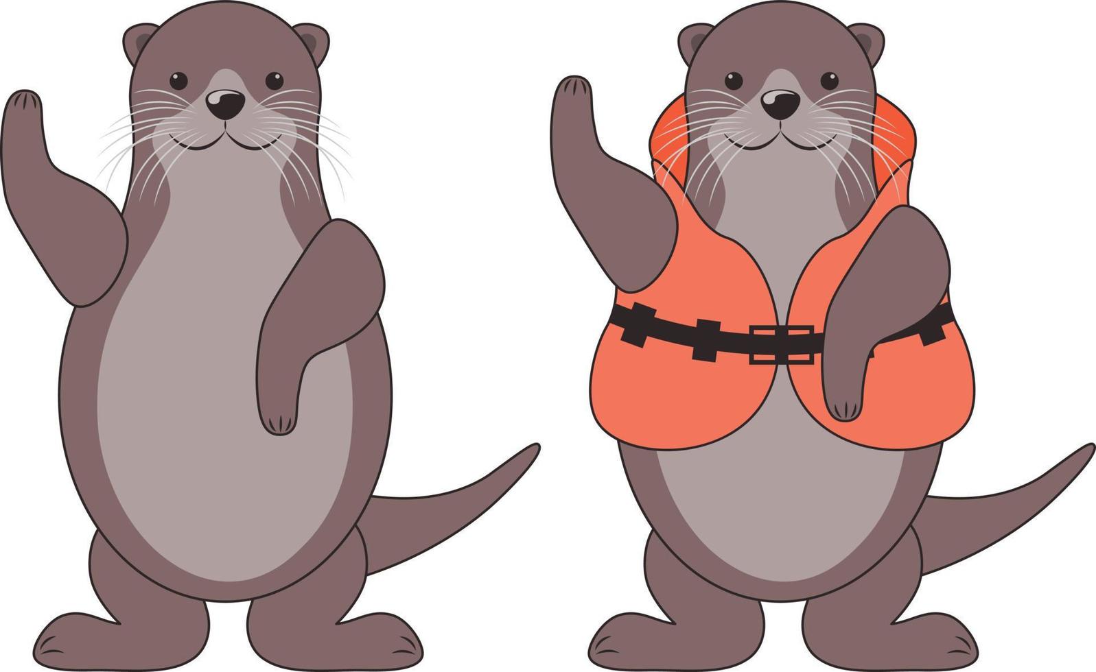 Otter. schattig glimlachen otters in een oranje leven jasje en zonder een hesje. de Otter redder golven zijn poot. schattig tekenfilm dier. vector illustratie geïsoleerd Aan een wit achtergrond