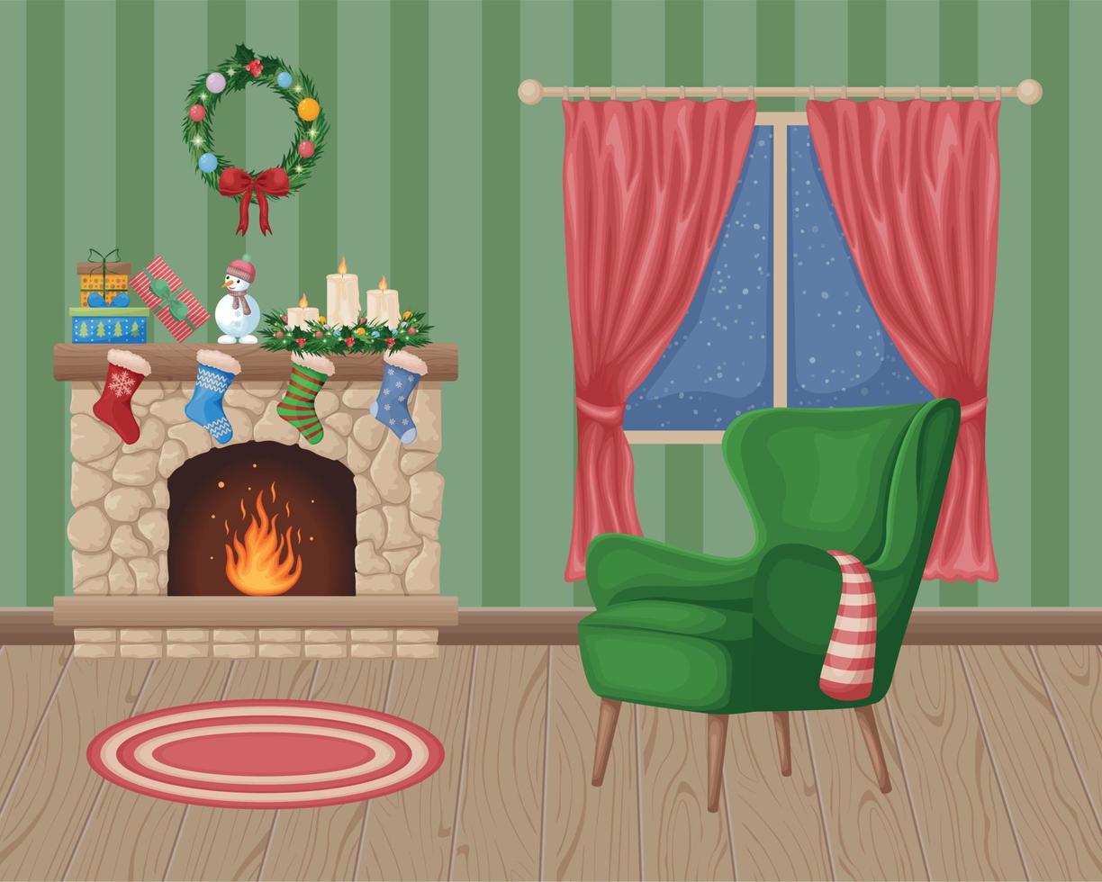 Kerstmis interieur. vector illustratie van een nieuw jaar s interieur. haard versierd met Kerstmis decoraties, sokken. een stoel in de midden- van de kamer met een met sneeuw bedekt venster