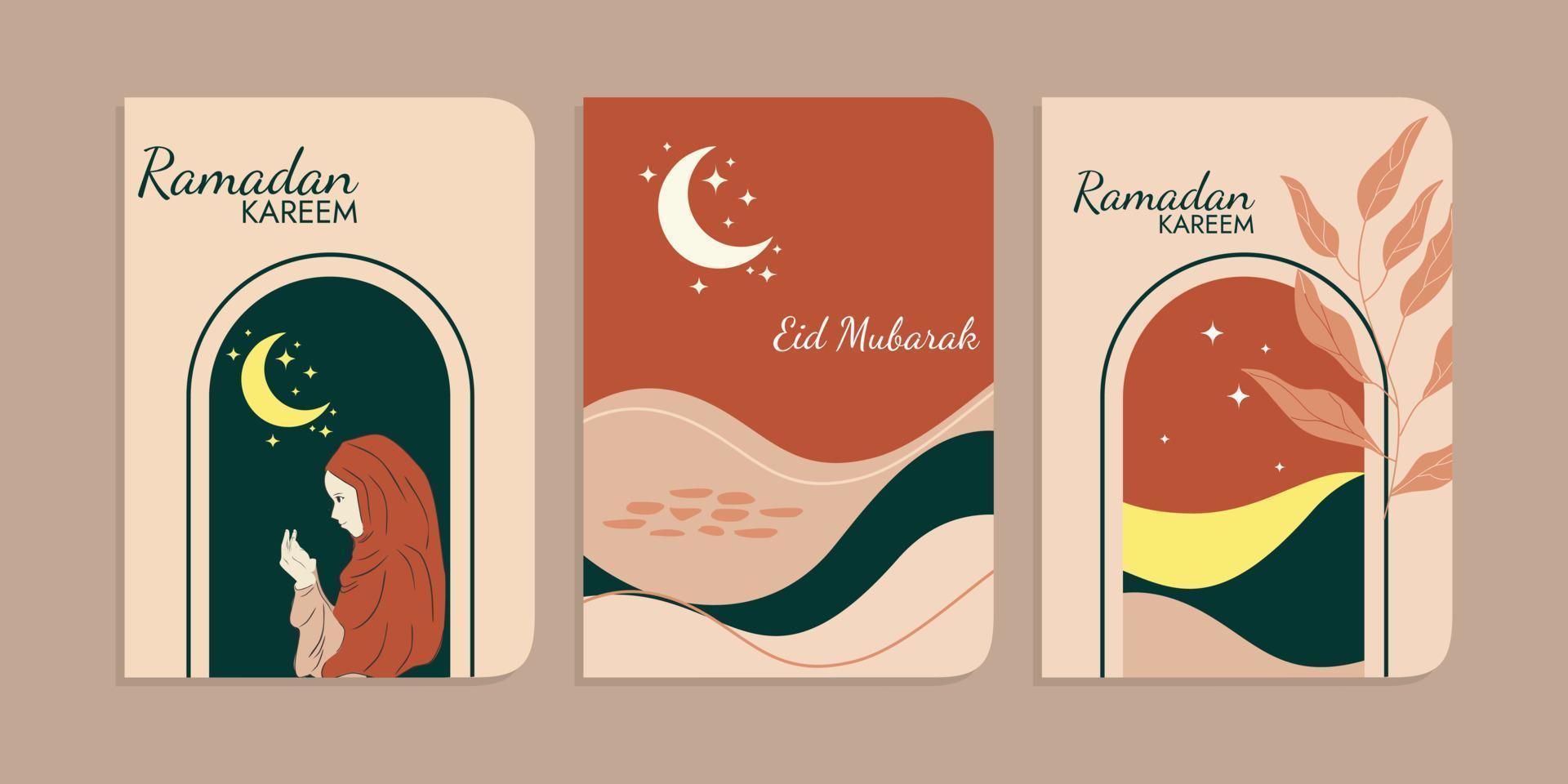 Ramadan kareem reeks Hoes poster of uitnodiging vlak ontwerp van vrouw in hijaab, Islamitisch lantaarn, ster en maan Aan nacht achtergrond. vector illustratie.