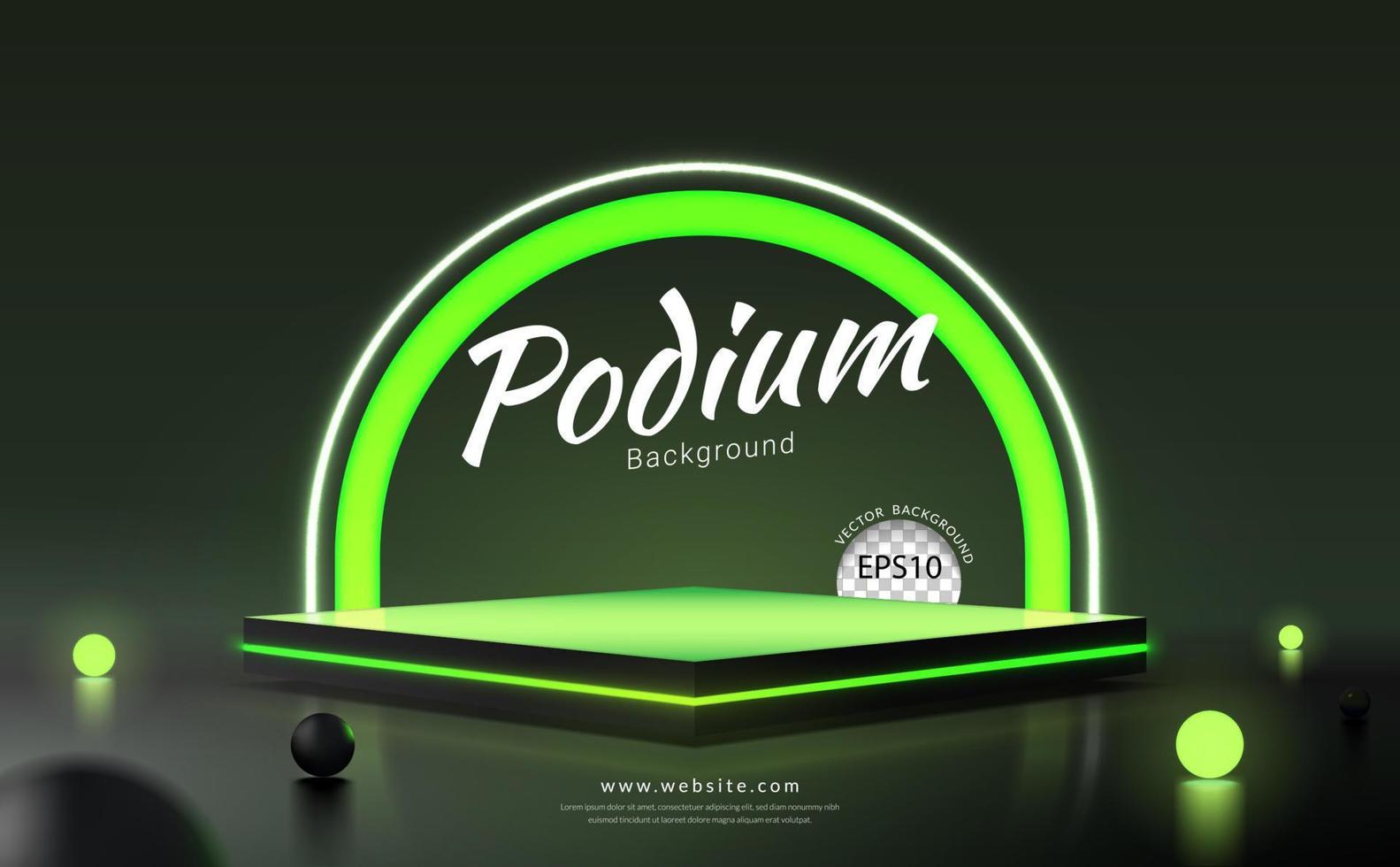 plein podium met groen neon licht en gloed bal Aan een zwart achtergrond. concept van ontwerp voor Product Scherm. vector illustratie