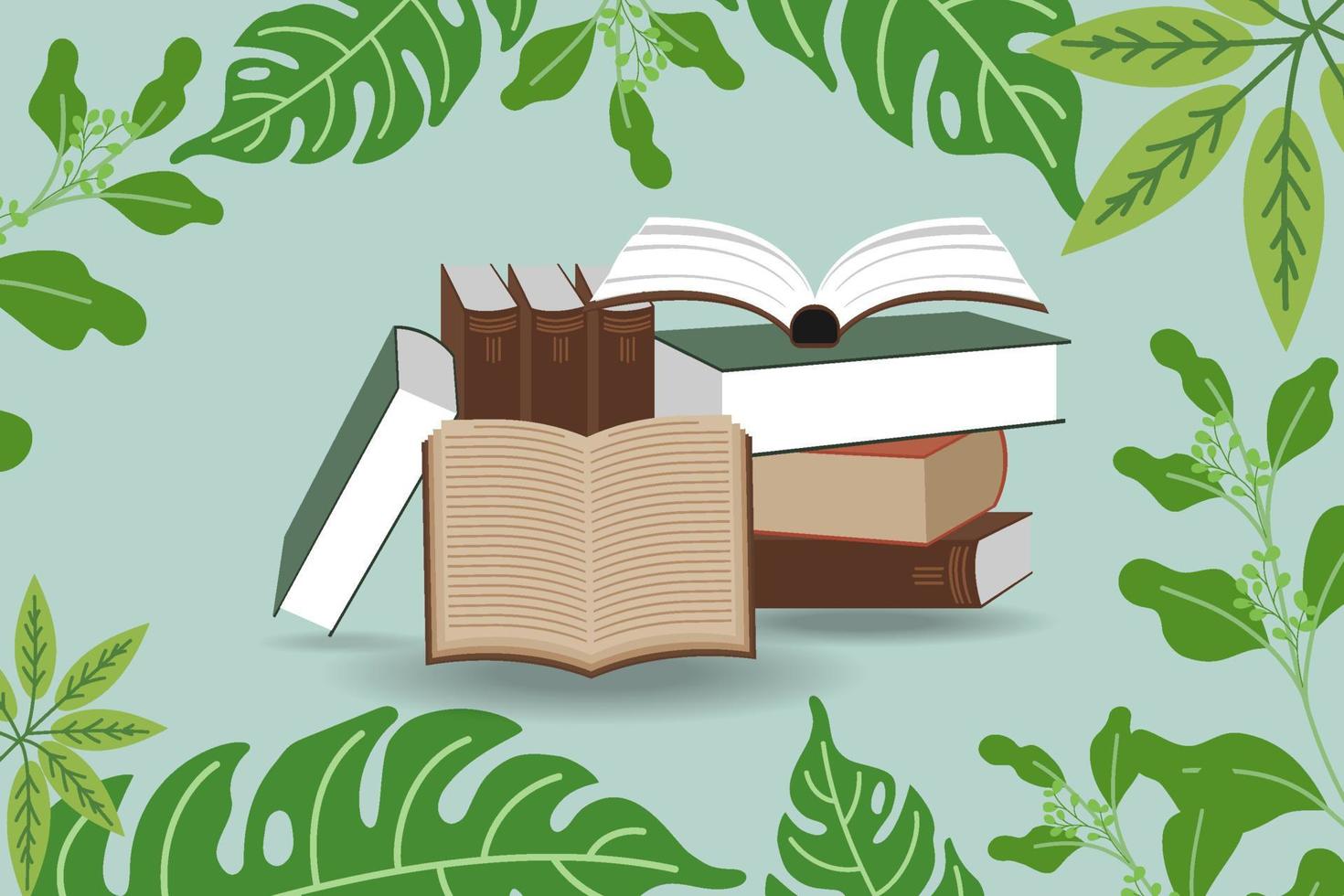 illustratie van stapel van boeken naar lezen. wereld boek dag stack van divers leerboeken in harde kaft, Open notebooks Aan licht groen achtergrond. literatuur, onderwijs concept. onderwijs vector illustratie