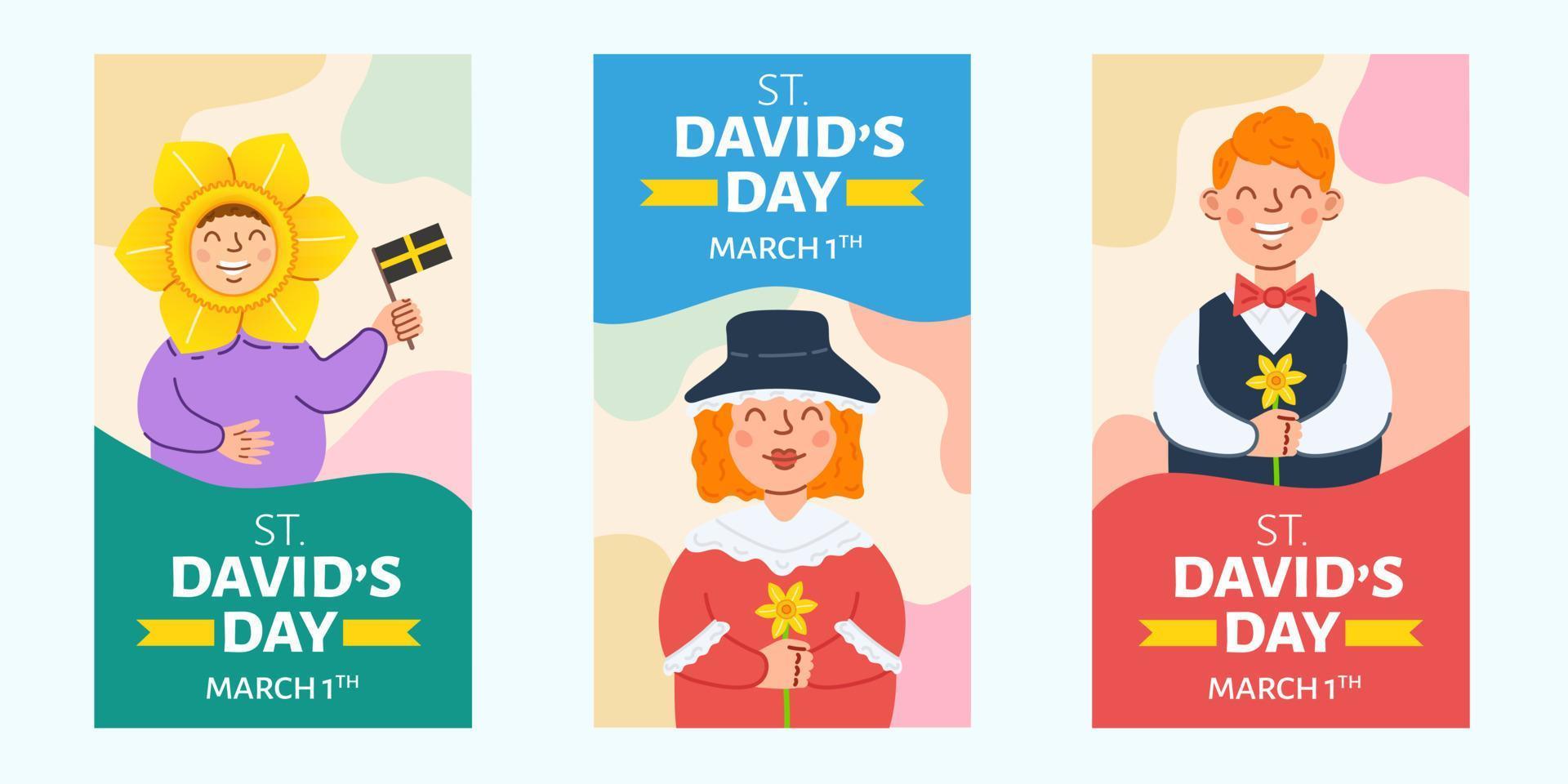 verhaal Sjablonen voor st david's dag. gelukkig glimlachen mensen in Wales' nationaal kostuums voor viering. vector