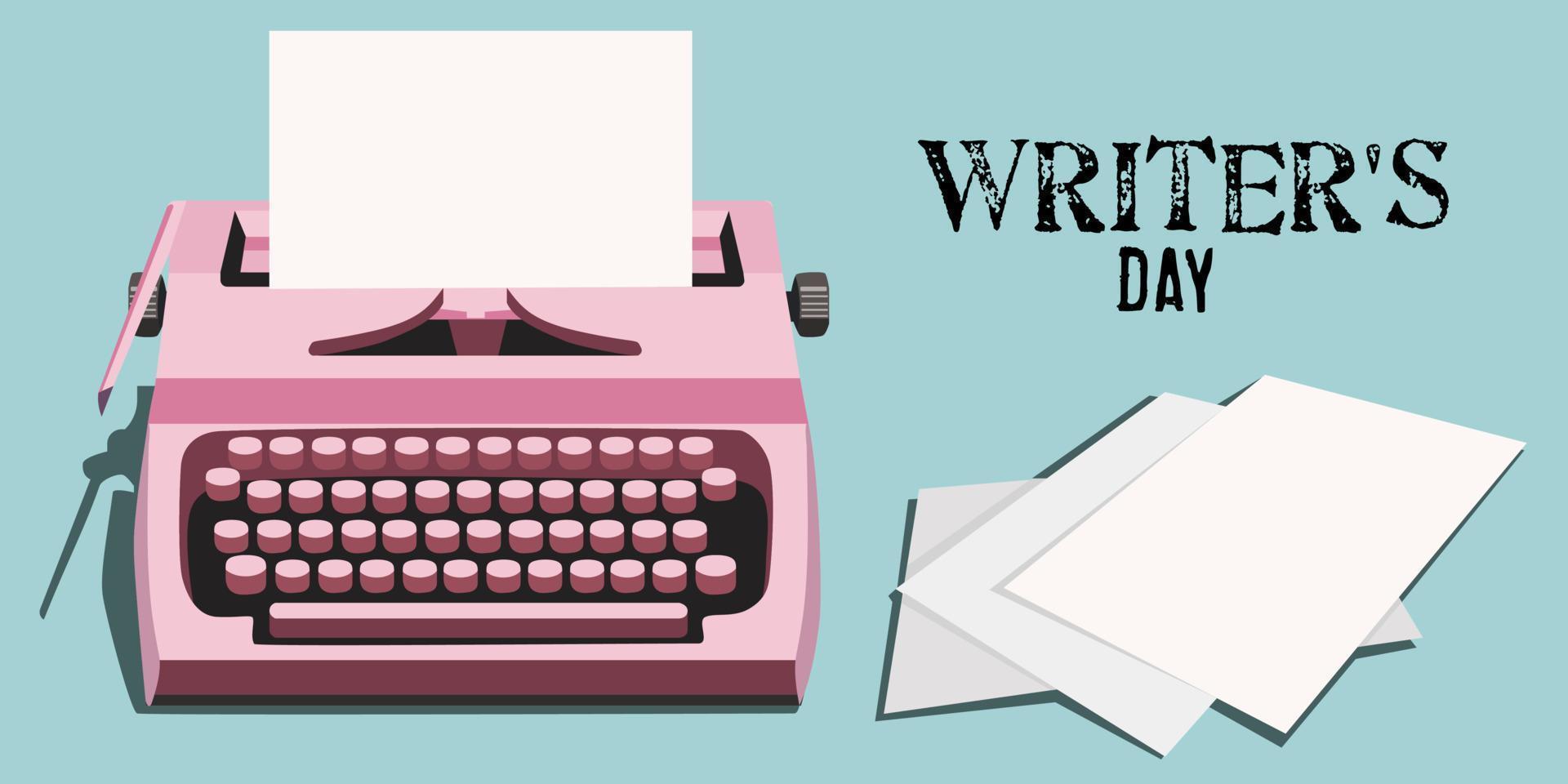 wereld schrijvers dag. schrijvers dag. een schrijfmachine met gedrukt tekst en lakens van papier. een banier van de wereld schrijvers dag met een helder roze retro schrijfmachine. vlak vector illustratie.