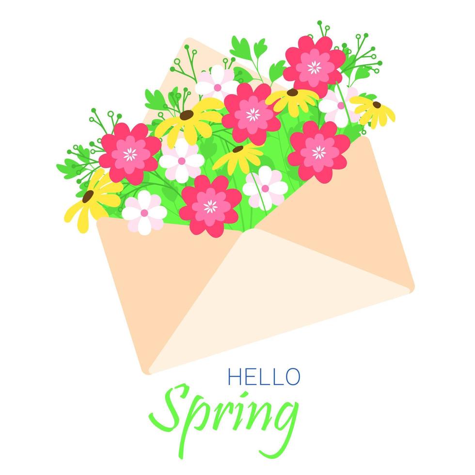 voorjaar kaart met bloemen. Hallo voorjaar plein banier met bloemen in envelop. vector illustratie.